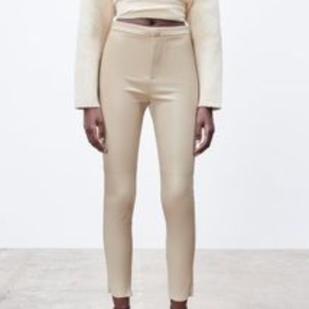 ZARA Womens Faux Leather High Rise Leggings Pants Ankle Zip Cream Size Small